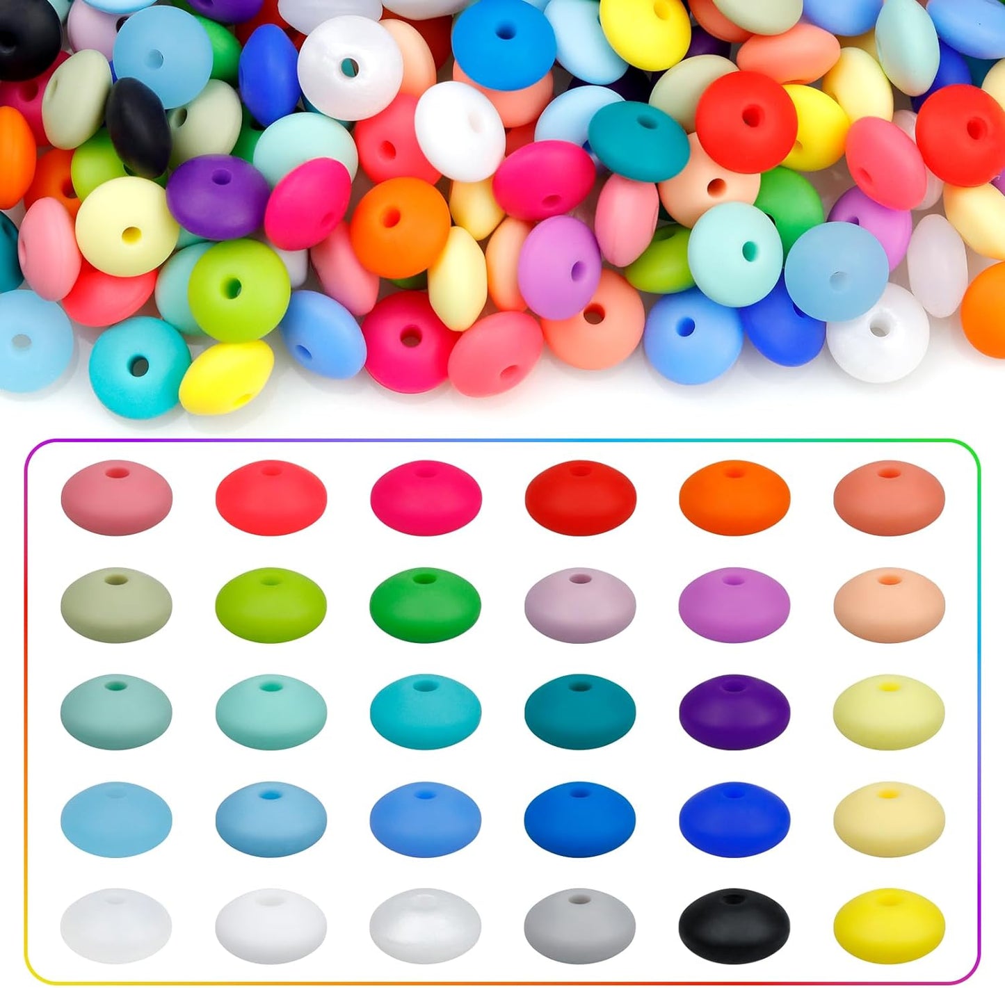 30PCS Silicone Lentil Beads, 12mm Silicone Beads for Keychain Making Bulk Silicone Abacus Beads for Necklace Bracelet Making and Space Silicone Beads for Pens