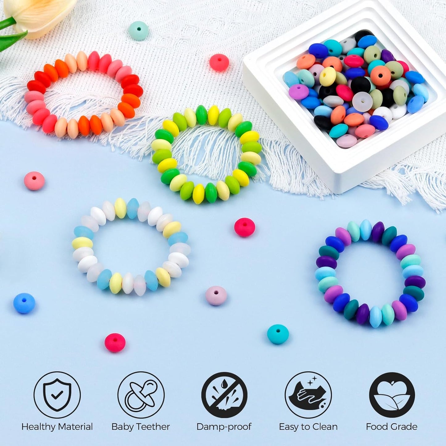 30PCS Silicone Lentil Beads, 12mm Silicone Beads for Keychain Making Bulk Silicone Abacus Beads for Necklace Bracelet Making and Space Silicone Beads for Pens