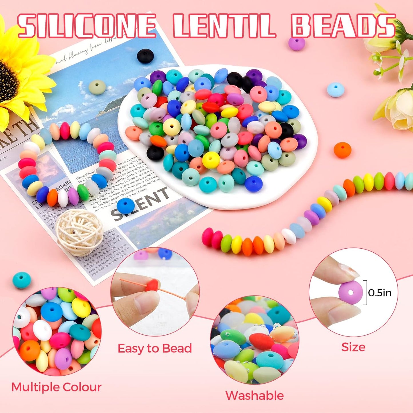 30PCS Silicone Lentil Beads, 12mm Silicone Beads for Keychain Making Bulk Silicone Abacus Beads for Necklace Bracelet Making and Space Silicone Beads for Pens